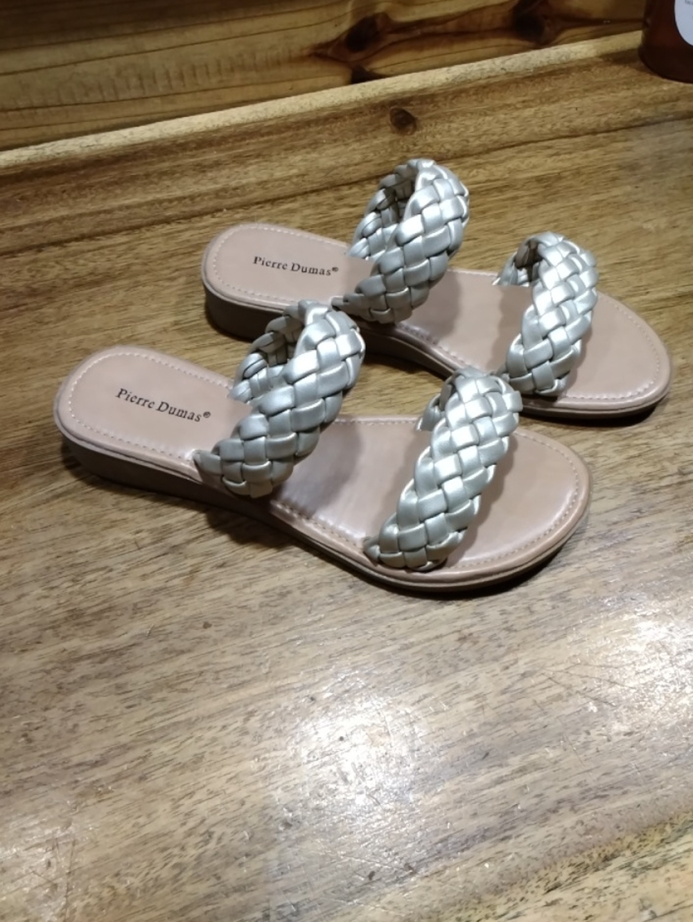Pierre Dumas Women’s Silver Braided Double-Strap Slide Sandals